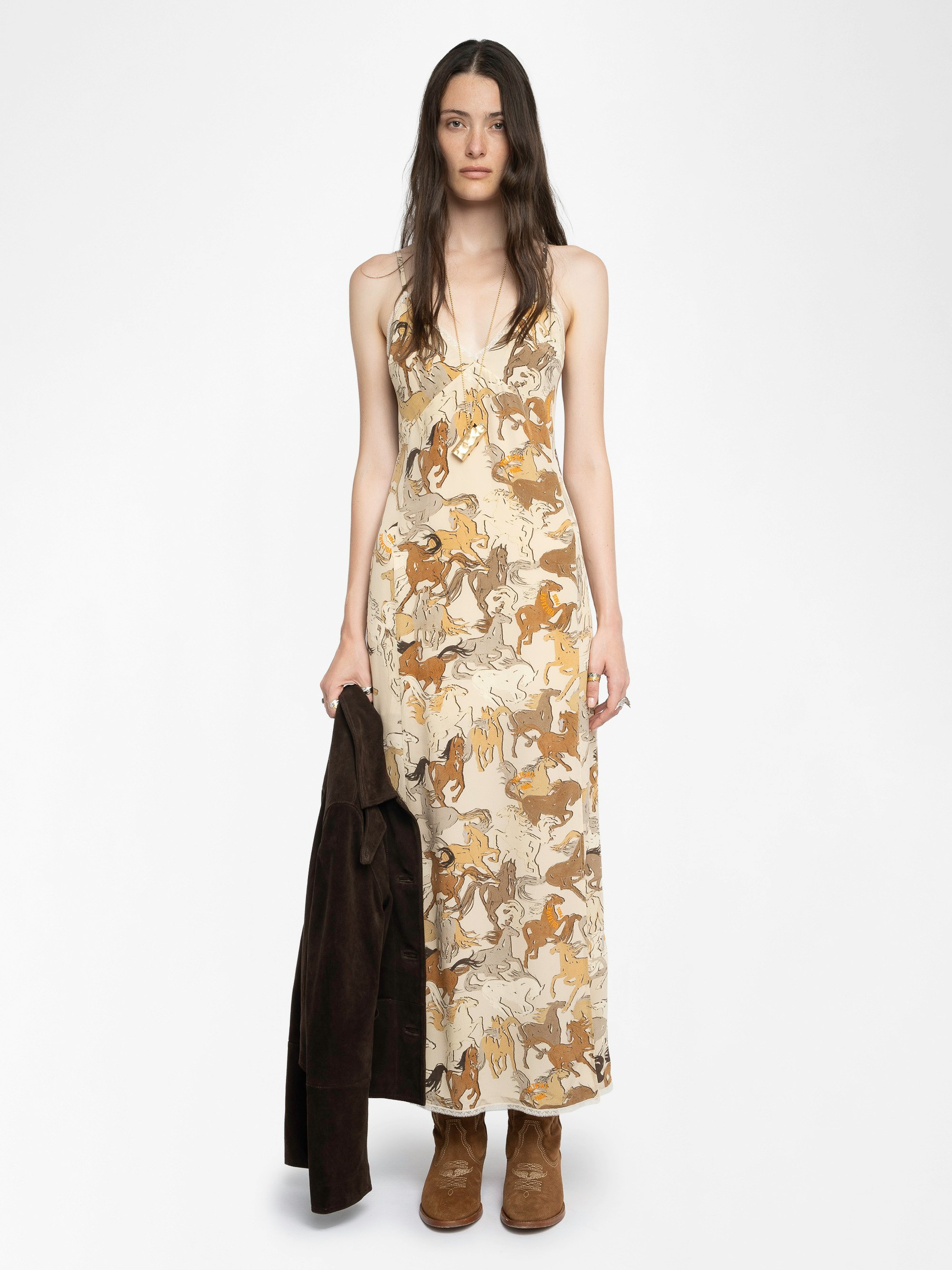 Ramelil 100% Silk Dress - Long lingerie-style dress in printed silk, with slit, adjustable straps, wing embroidery on the back and lace.