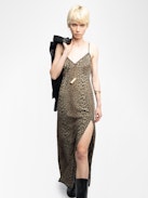 Kleid Ramelil - Langes Kleid im Lingerie-Stil aus bedruckter Viskose, mit Schlitz, verstellbaren Trägern, Flügel-Stickerei am Rücken und Spitze.