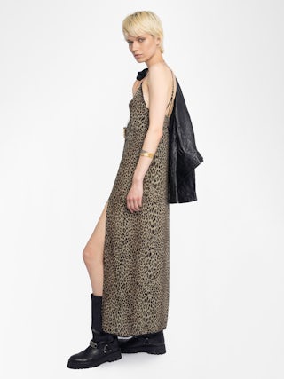 Ramelil Dress - Long lingerie-style dress in printed viscose, with slit, adjustable straps, wings embroidery on back and lace.