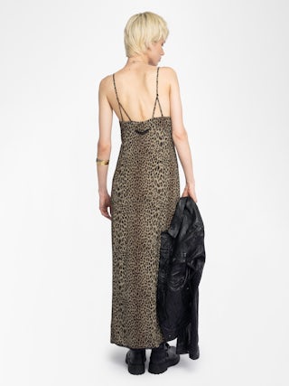 Ramelil Dress - Long lingerie-style dress in printed viscose, with slit, adjustable straps, wings embroidery on back and lace.