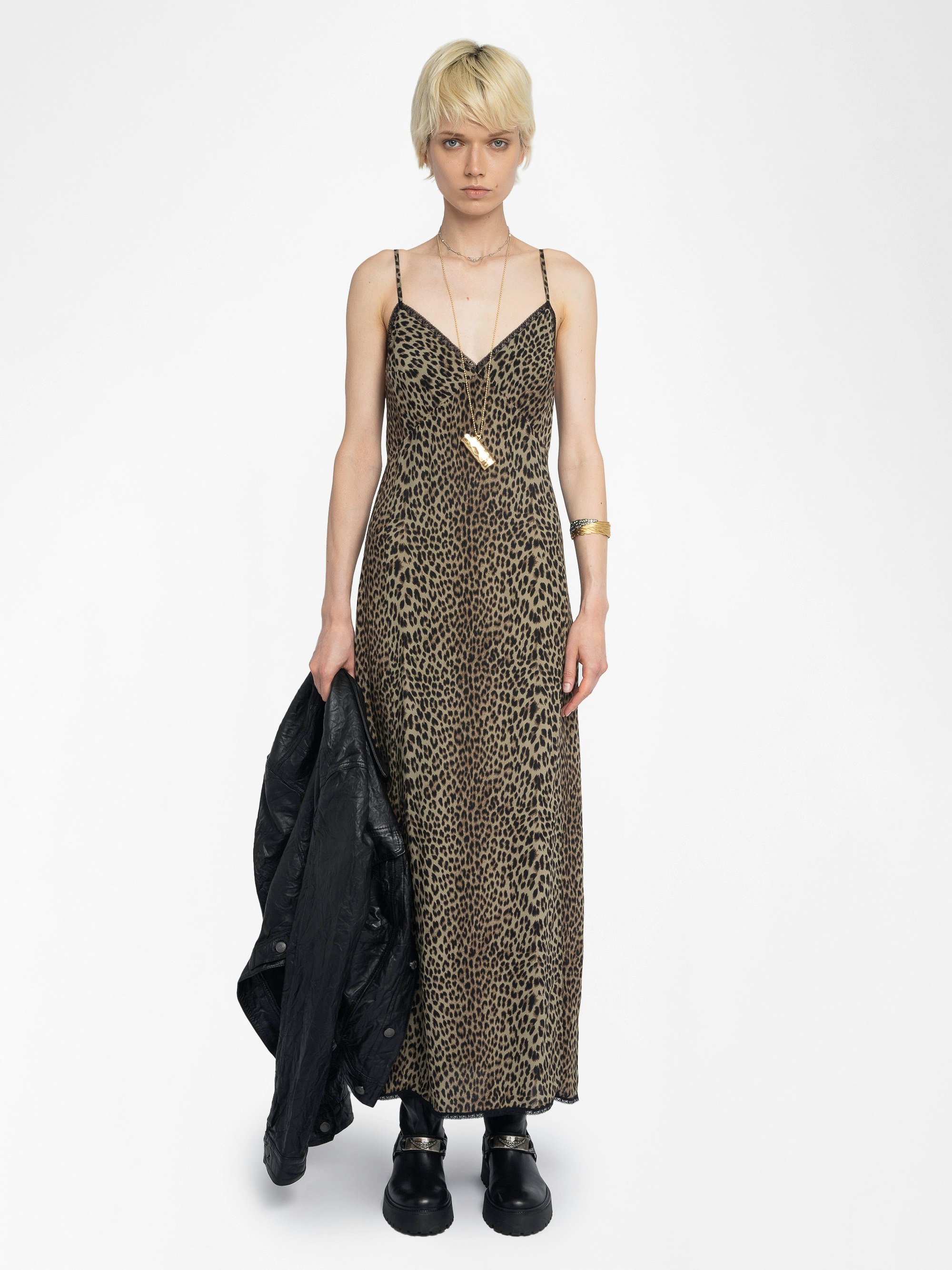Ramelil Dress - Long lingerie-style dress in printed viscose, with slit, adjustable straps, wings embroidery on back and lace.