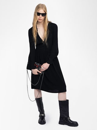 Rinas Dress - Mid-length dress in plain viscose, long sleeves, deep neckline with laced closure.