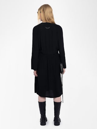 Rinas Dress - Mid-length dress in plain viscose, long sleeves, deep neckline with laced closure.
