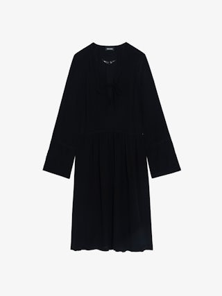Rinas Dress - Mid-length dress in plain viscose, long sleeves, deep neckline with laced closure.