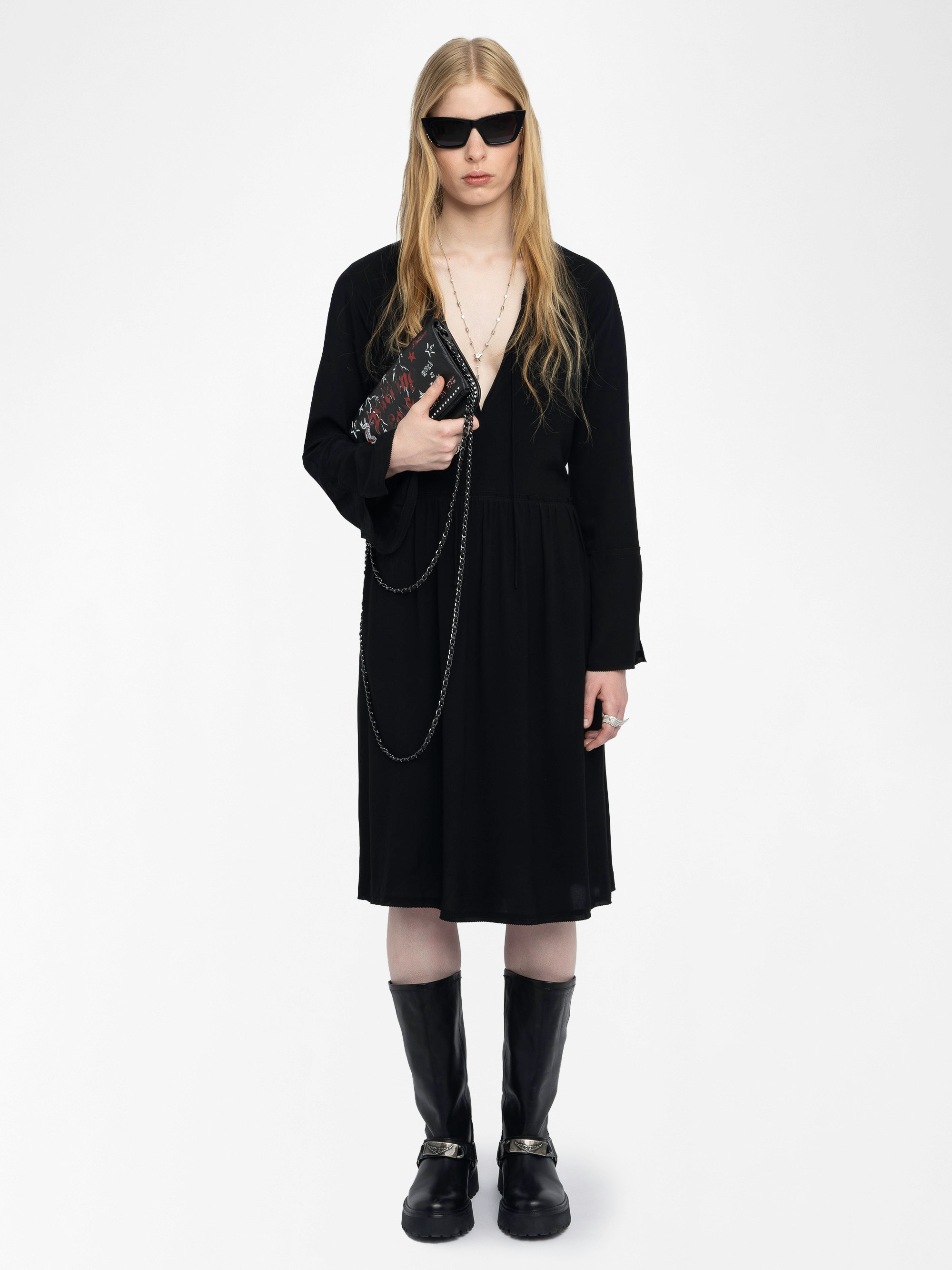 Rinas Dress - Mid-length dress in plain viscose, long sleeves, deep neckline with laced closure.