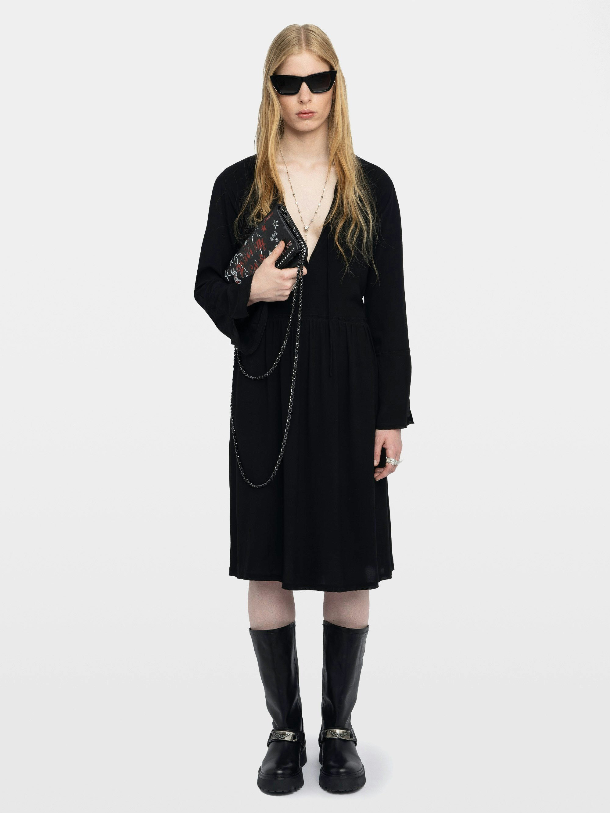 Rinas Dress - Mid-length dress in plain viscose, long sleeves, deep neckline with laced closure.