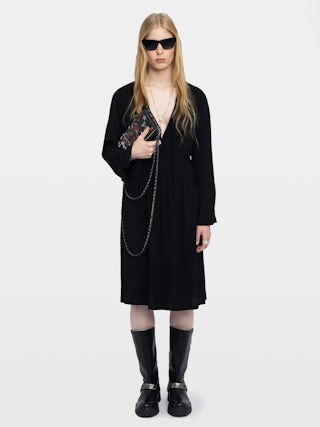 Rinas Dress - Mid-length dress in plain viscose, long sleeves, deep neckline with laced closure.