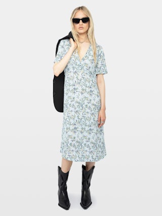 Rhodral Floral Print Midi Dress - Mid-length printed viscose dress with short sleeves and buttoned neckline.
