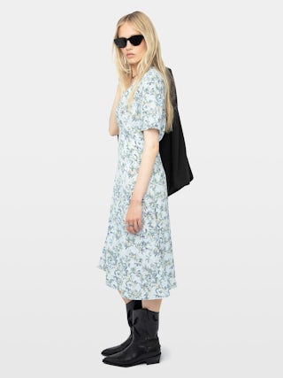 Rhodral Floral Print Midi Dress - Mid-length printed viscose dress with short sleeves and buttoned neckline.