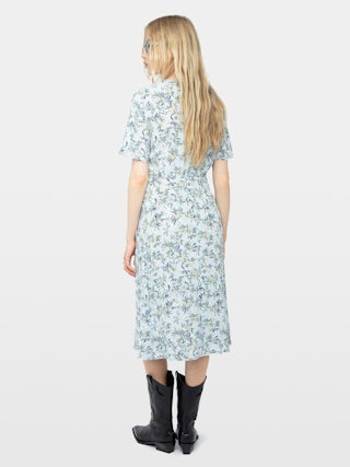 Rhodral Floral Print Midi Dress - Mid-length printed viscose dress with short sleeves and buttoned neckline.