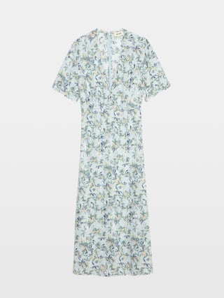 Rhodral Floral Print Midi Dress - Mid-length printed viscose dress with short sleeves and buttoned neckline.
