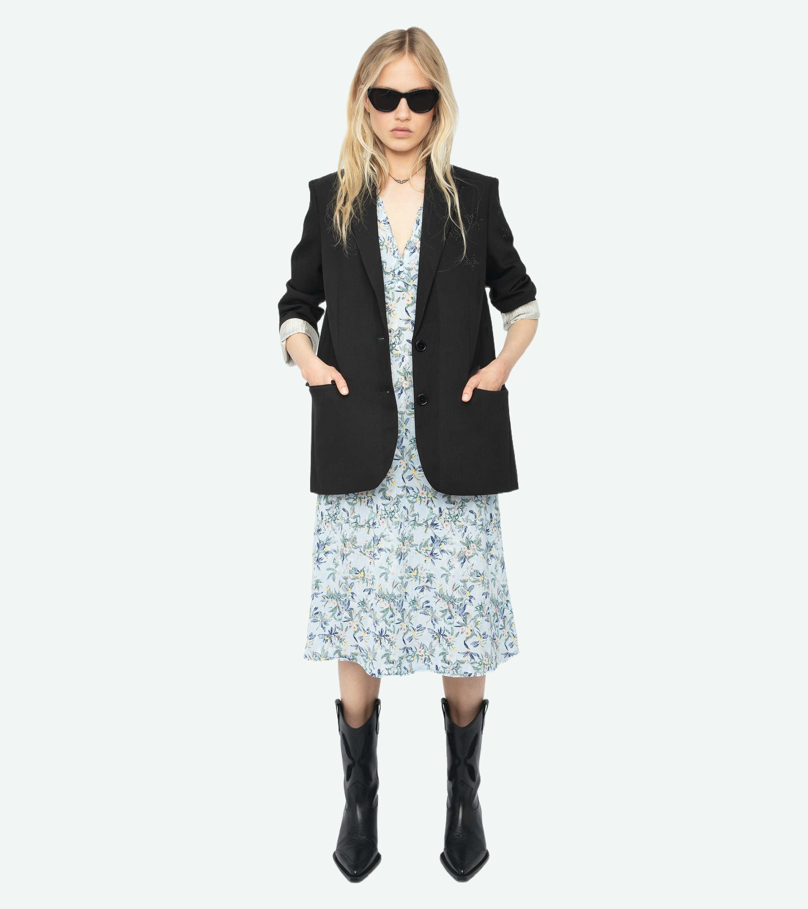 Rhodral Dress - Mid-length printed viscose dress with short sleeves and buttoned neckline.