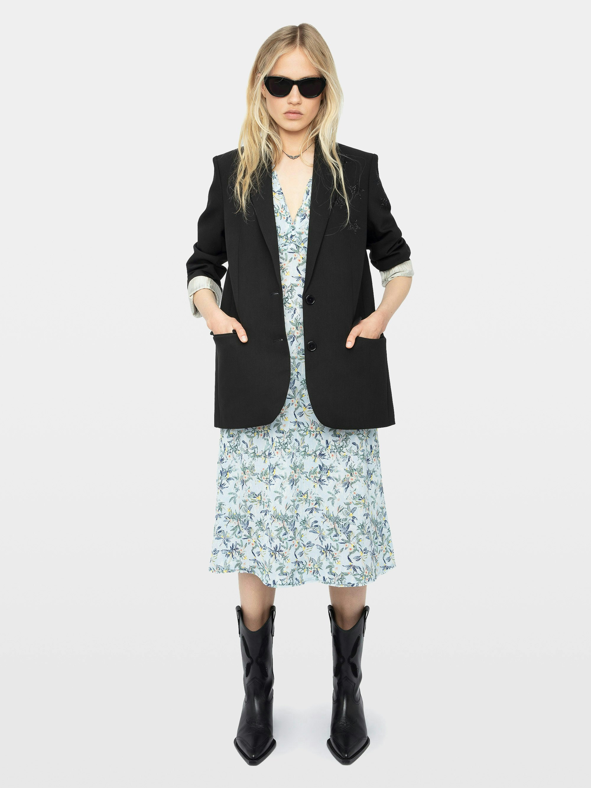 Rhodral Dress - Mid-length printed viscose dress with short sleeves and buttoned neckline.