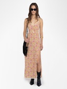 Ramelil Dress - Long lingerie-inspired dress in printed viscose, with slit, adjustable straps, wing embroidery on the back and lace details.