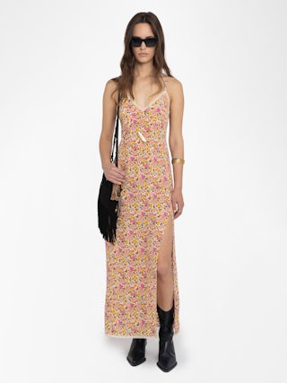 Rameli Floral Lace Maxi Dress - Long lingerie-inspired dress in printed viscose, with slit, adjustable straps, wing embroidery on the back and lace details.