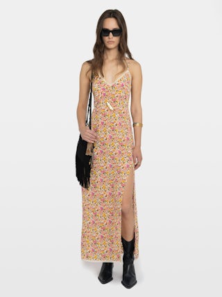 Ramelil Dress - Long lingerie-inspired dress in printed viscose, with slit, adjustable straps, wing embroidery on the back and lace details.