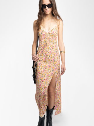 Rameli Floral Lace Maxi Dress - Long lingerie-inspired dress in printed viscose, with slit, adjustable straps, wing embroidery on the back and lace details.