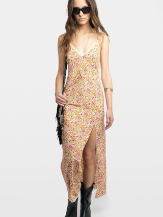 Ramelil Dress - Long lingerie-inspired dress in printed viscose, with slit, adjustable straps, wing embroidery on the back and lace details.