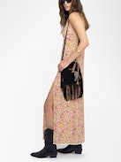 Ramelil Dress - Long lingerie-inspired dress in printed viscose, with slit, adjustable straps, wing embroidery on the back and lace details.