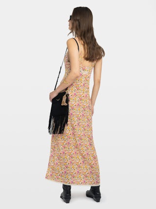 Ramelil Dress - Long lingerie-inspired dress in printed viscose, with slit, adjustable straps, wing embroidery on the back and lace details.