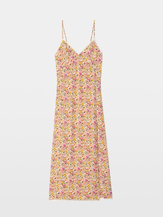 Ramelil Dress - Long lingerie-inspired dress in printed viscose, with slit, adjustable straps, wing embroidery on the back and lace details.