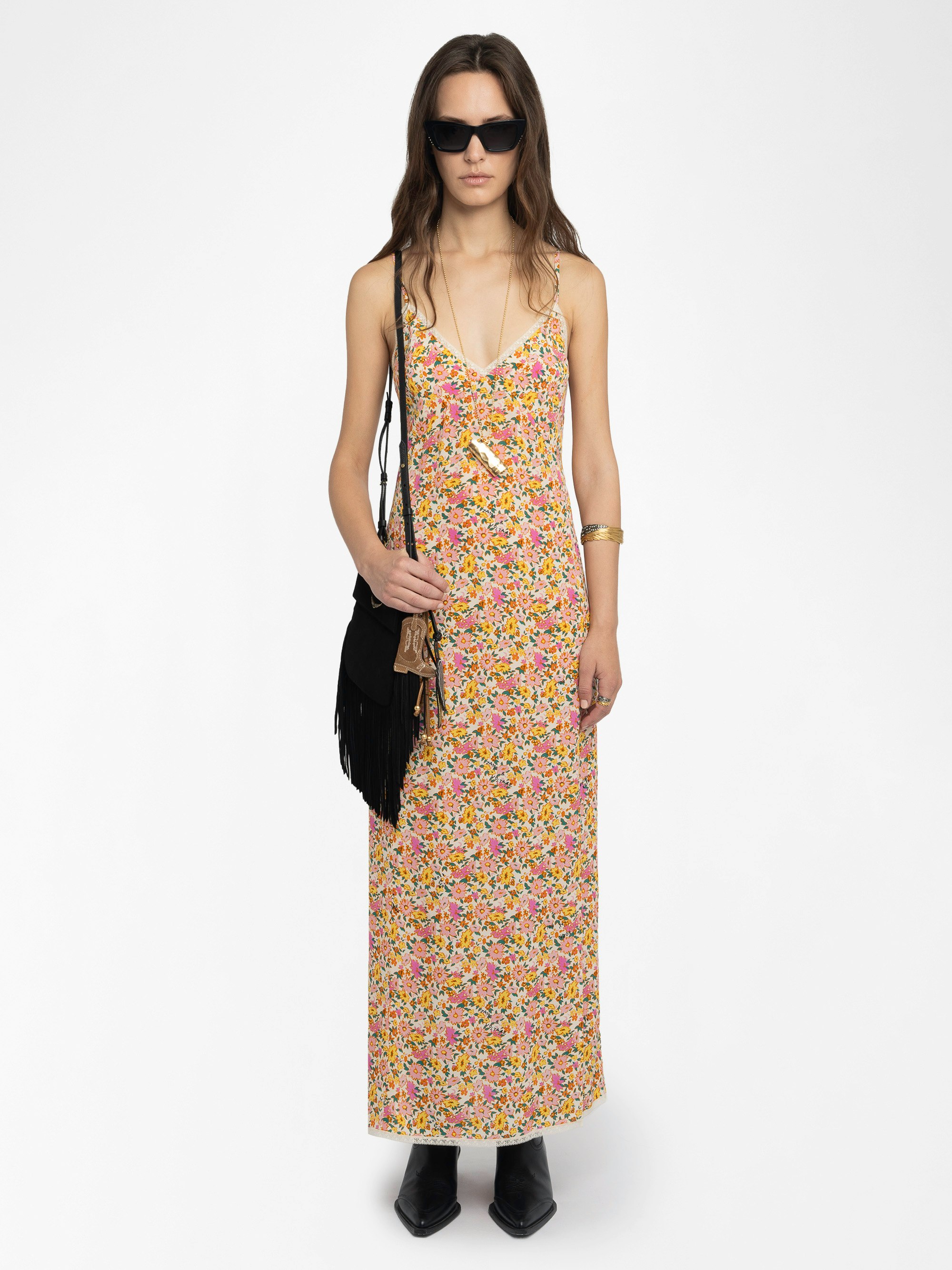 Ramelil Dress - Long lingerie-inspired dress in printed viscose, with slit, adjustable straps, wing embroidery on the back and lace details.