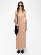 Ramelil Dress - Long lingerie-inspired dress in printed viscose, with slit, adjustable straps, wing embroidery on the back and lace details.