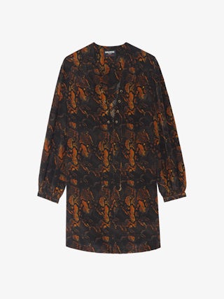 Ramela Dress 100% Silk - Short dress in printed silk, long balloon sleeves, deep neckline with lace-up.