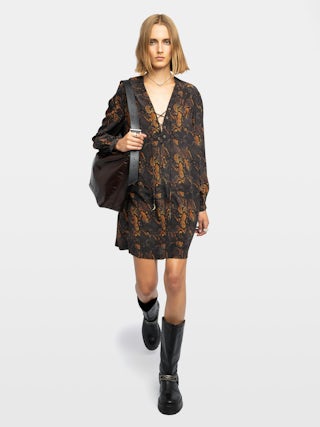 Ramela Dress 100% Silk - Short dress in printed silk, long balloon sleeves, deep neckline with lace-up.