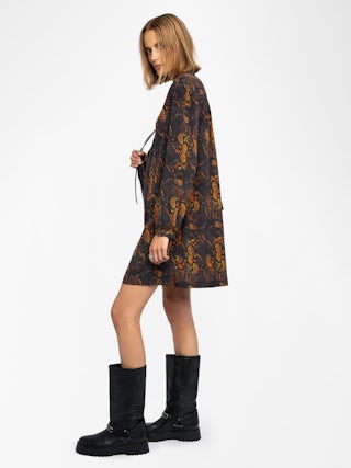 Ramela Dress 100% Silk - Short dress in printed silk, long balloon sleeves, deep neckline with lace-up.