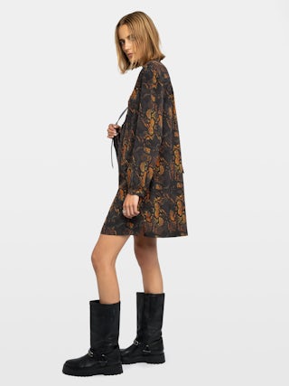 Ramela Dress 100% Silk - Short dress in printed silk, long balloon sleeves, deep neckline with lace-up.