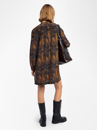 Ramela Dress 100% Silk - Short dress in printed silk, long balloon sleeves, deep neckline with lace-up.