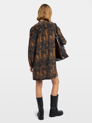 Ramela Dress 100% Silk - Short dress in printed silk, long balloon sleeves, deep neckline with lace-up.