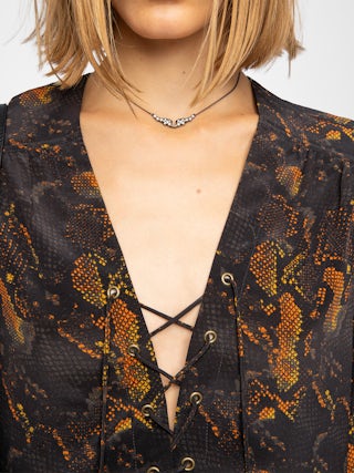 Ramela Dress 100% Silk - Short dress in printed silk, long balloon sleeves, deep neckline with lace-up.