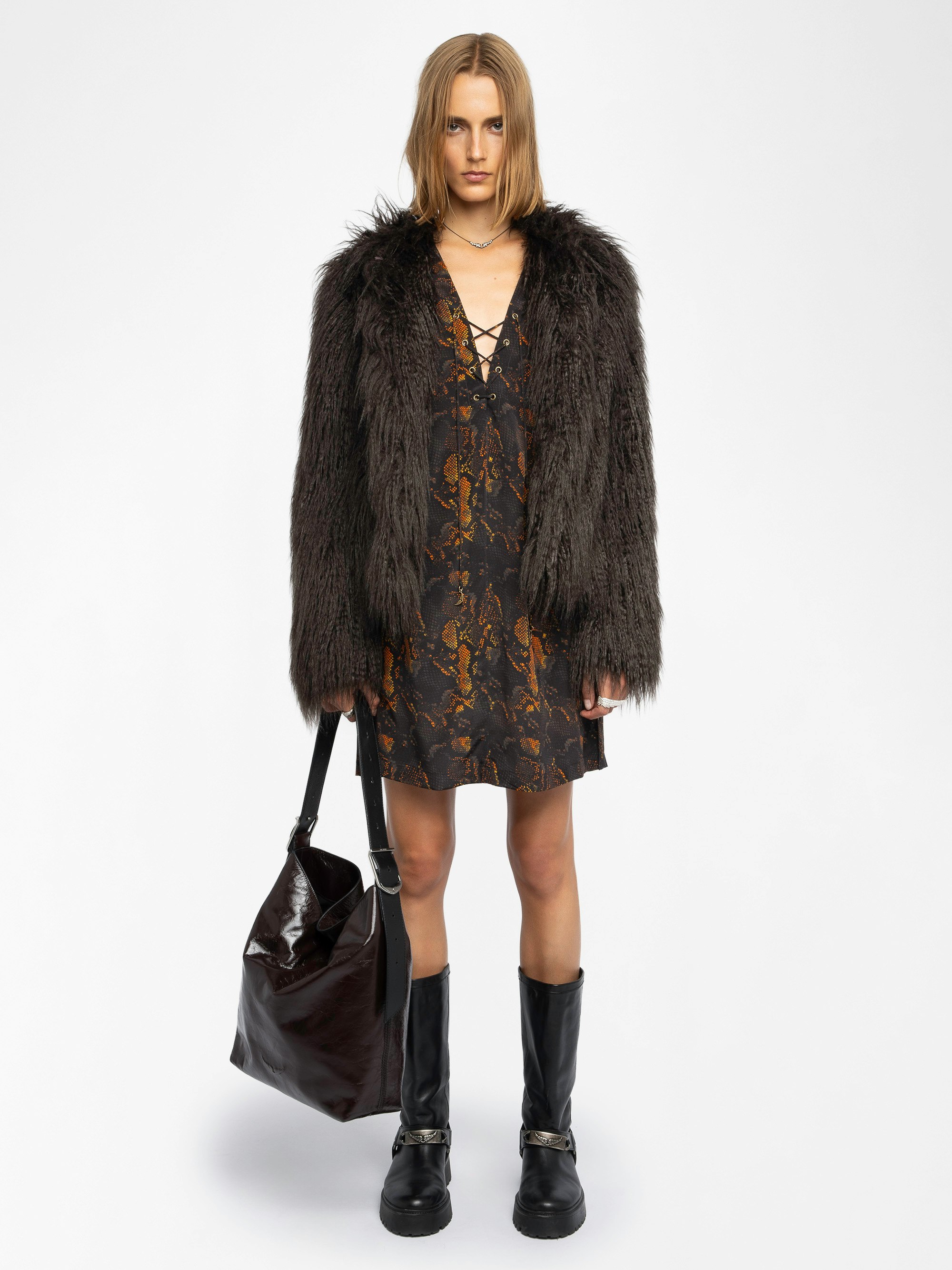 Ramela Dress 100% Silk - Short dress in printed silk, long balloon sleeves, deep neckline with lace-up.