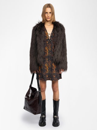 Ramela Dress 100% Silk - Short dress in printed silk, long balloon sleeves, deep neckline with lace-up.