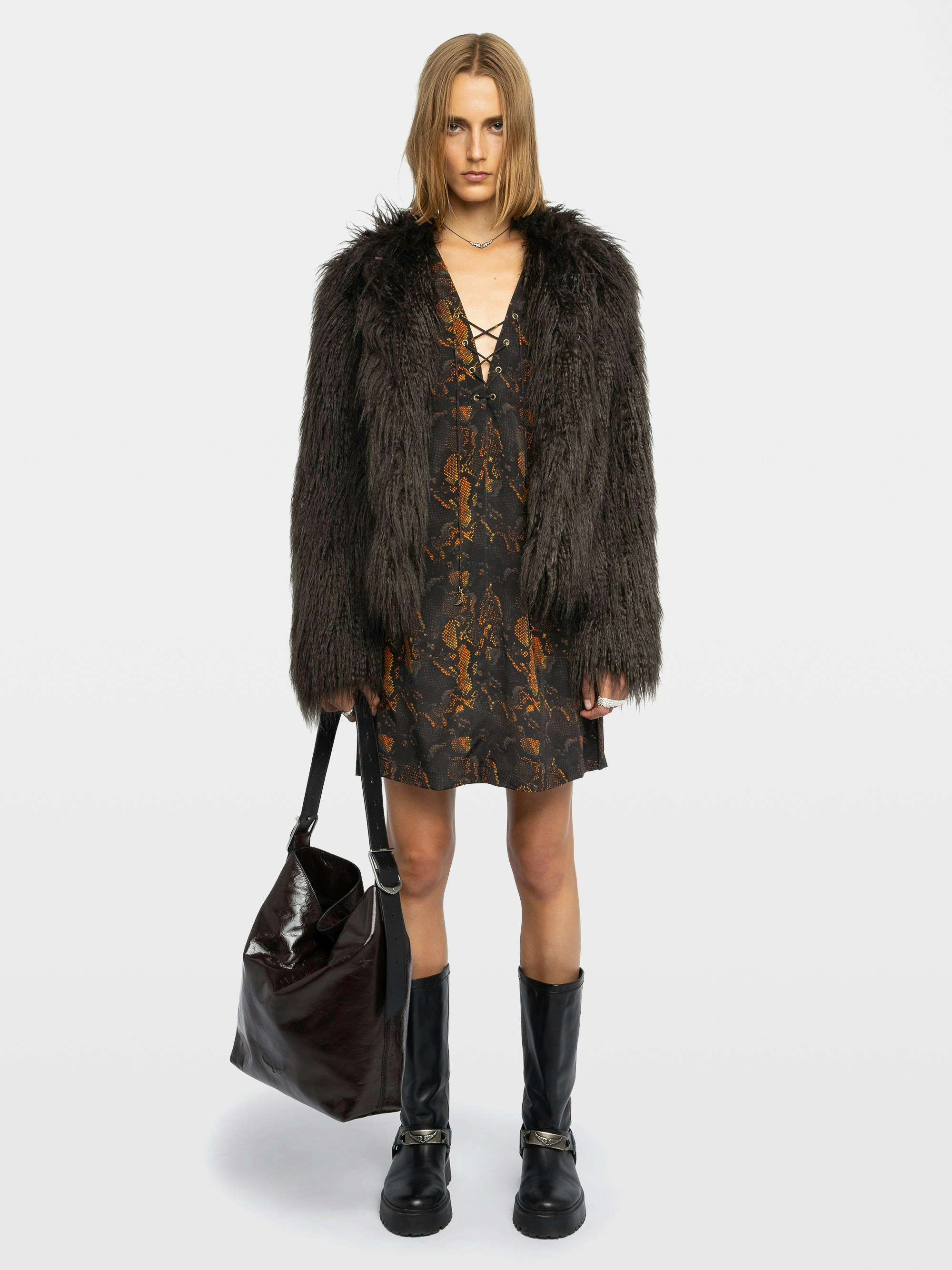 Ramela Dress 100% Silk - Short dress in printed silk, long balloon sleeves, deep neckline with lace-up.