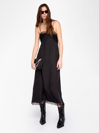 Ridar Dress 100% Silk - Mid-length silk dress with lingerie spirit, adjustable straps and lace at chest and hem.