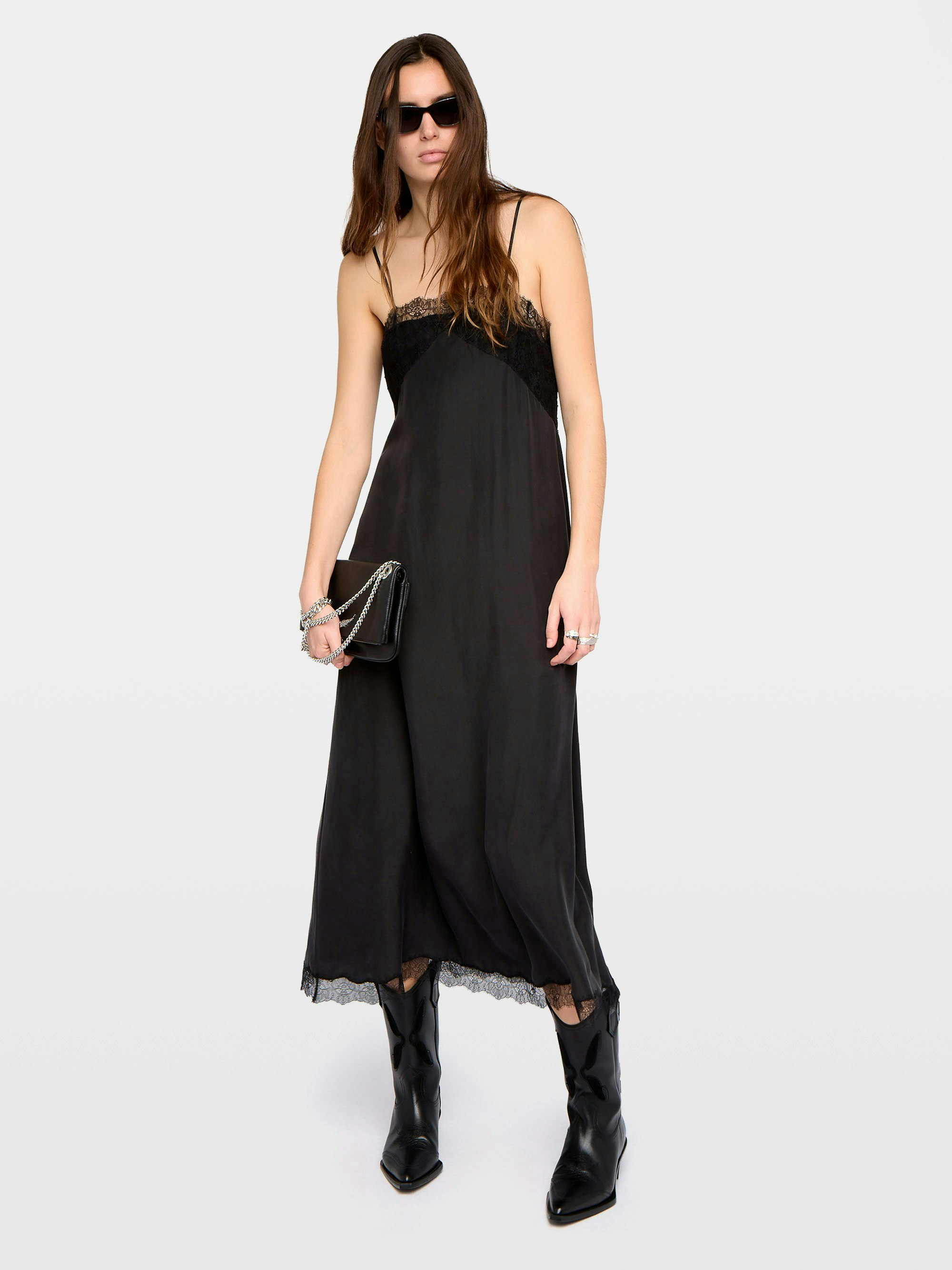 Ridar Silk and Lace Dress - Mid-length silk dress with lingerie spirit, adjustable straps and lace at chest and hem.