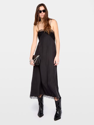 Robe Ridar 100% Soie - Robe mi-longue en soie esprit lingerie, bretelles ajustables et dentelle poitrine et bas de corps.