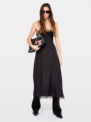 Robe Ridar 100% Soie - Robe mi-longue en soie esprit lingerie, bretelles ajustables et dentelle poitrine et bas de corps.