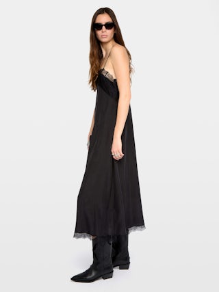 Ridar Dress 100% Silk - Mid-length silk dress with lingerie spirit, adjustable straps and lace at chest and hem.