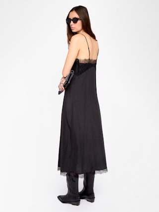 Ridar Dress 100% Silk - Mid-length silk dress with lingerie spirit, adjustable straps and lace at chest and hem.