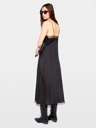 Robe Ridar 100% Soie - Robe mi-longue en soie esprit lingerie, bretelles ajustables et dentelle poitrine et bas de corps.