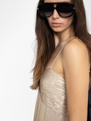 Abito Rippie Raso - Abito lungo in raso color oro con spalline regolabili e corpino plissettato.