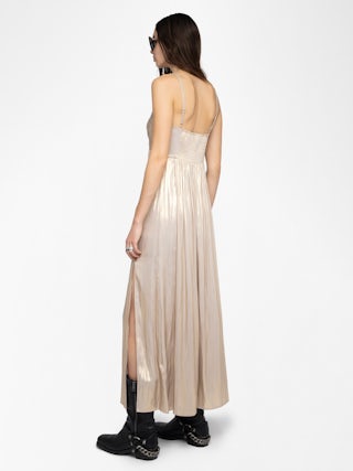 Abito Rippie Raso - Abito lungo in raso color oro con spalline regolabili e corpino plissettato.