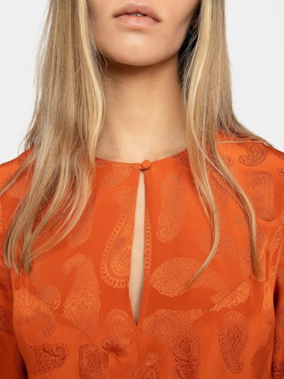 Dress Randon 100% Silk - Short jacquard silk dress with long sleeves and cut-outs.