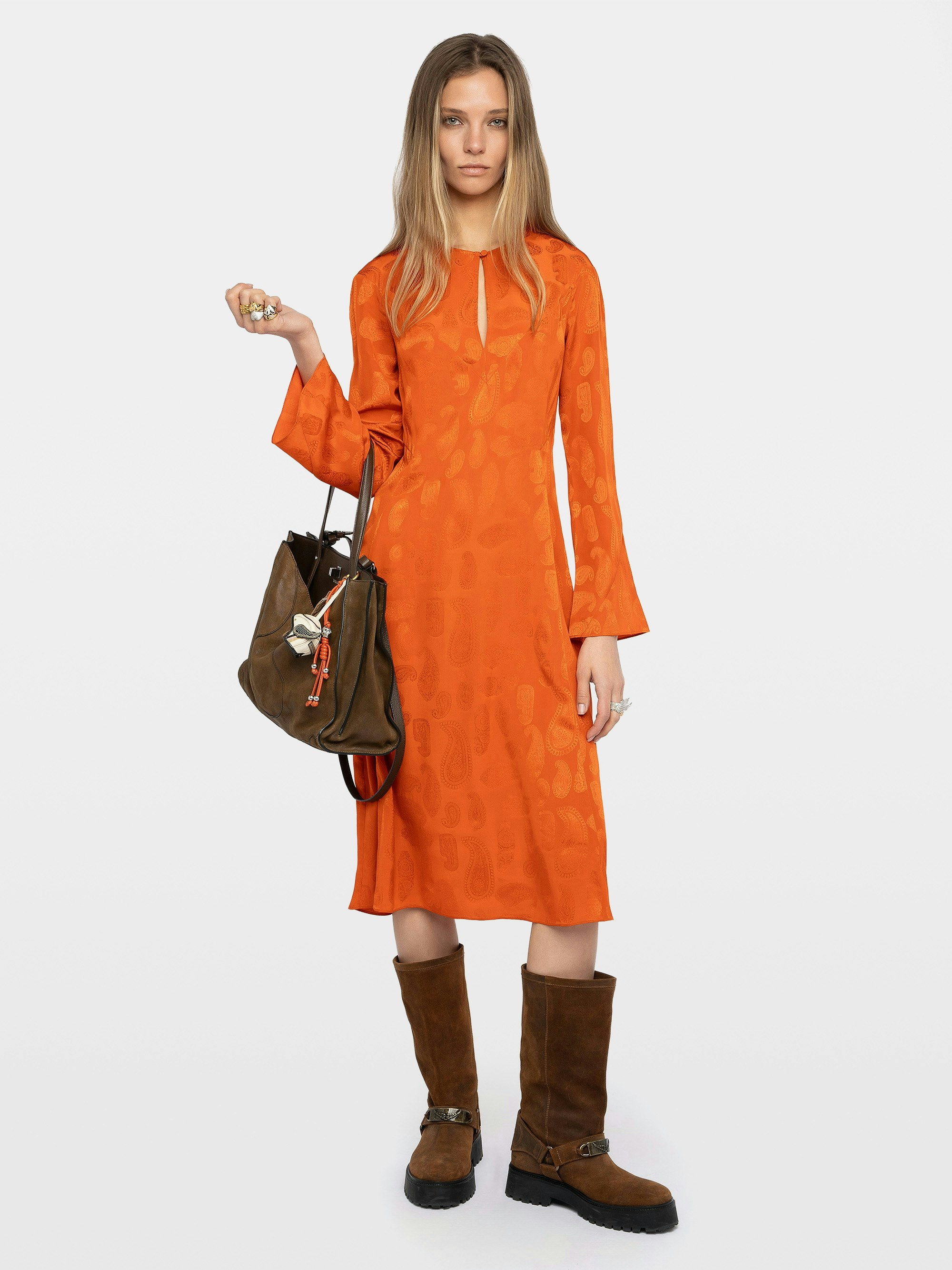 Abito Randon 100% Seta - Abito corto in seta jacquard, maniche lunghe e aperture.