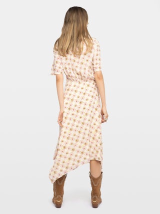 Dress Reforme - Mid-length asymmetric dress in printed viscose with short sleeves, wrap-effect.