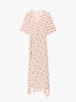 Kleid Reforme - Asymmetrisches Midikleid aus bedruckter Viskose mit kurzen Ärmeln und Wickel-Effekt.